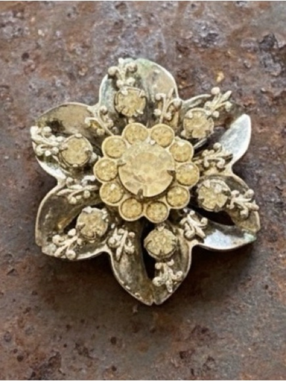 Vintage Gold Tone Rhinestone Flower Brooch Aurora Borealis Mid Century Estate